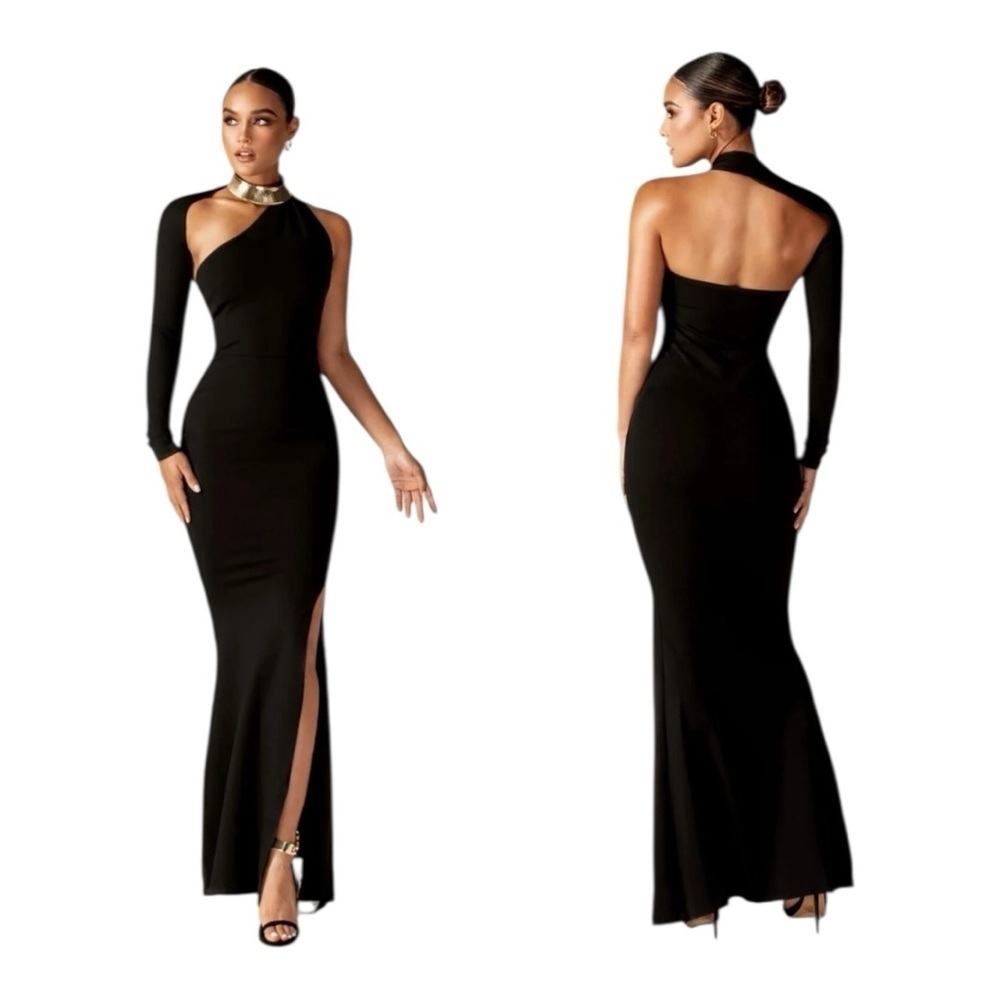 ALIAVA Lilux One Shoulder Modern Maxi Dress Black Formal Gown Size Large NWT - Picture 3 of 15